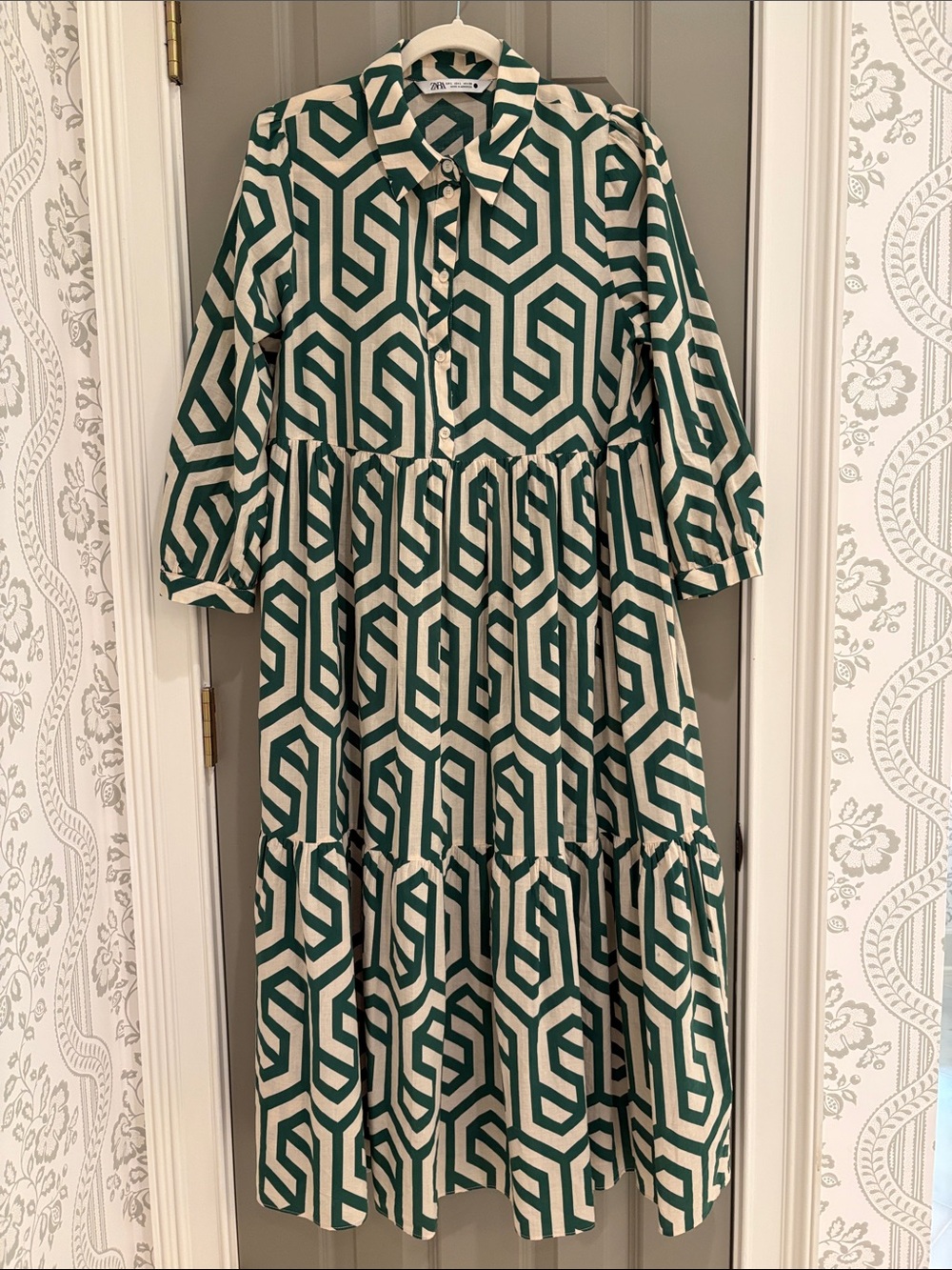 Zara Green & Cream Geometric Button-Up Dress